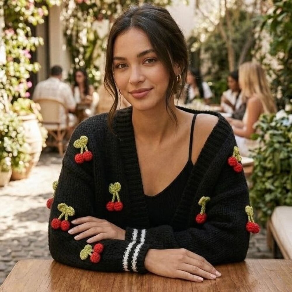Anthropologie Maeve Cherry 3D Fruit Varsity Cardigan Sweater in Black
